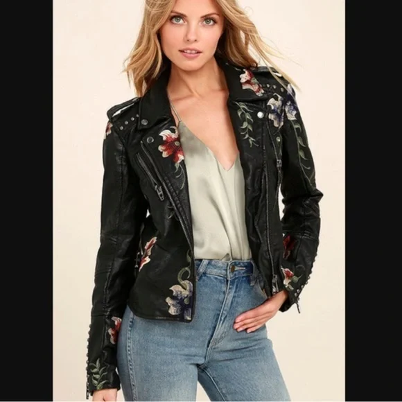 BLANK NYC Vegan Leather Moto Jacket, studded + floral embroidery - Picture 5 of 5